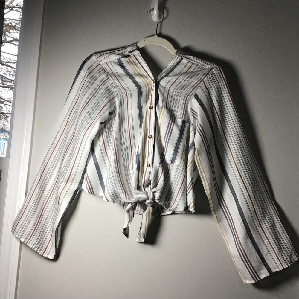 Free People multi colored stripe Tie-Front blouse Button Shirt pocket XL